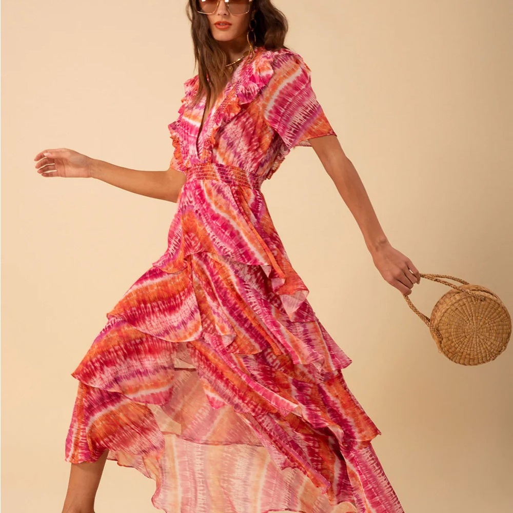 Hale Bob Pink and Orange Asymmetrical Ruffled Sundress - Picture 4 of 5